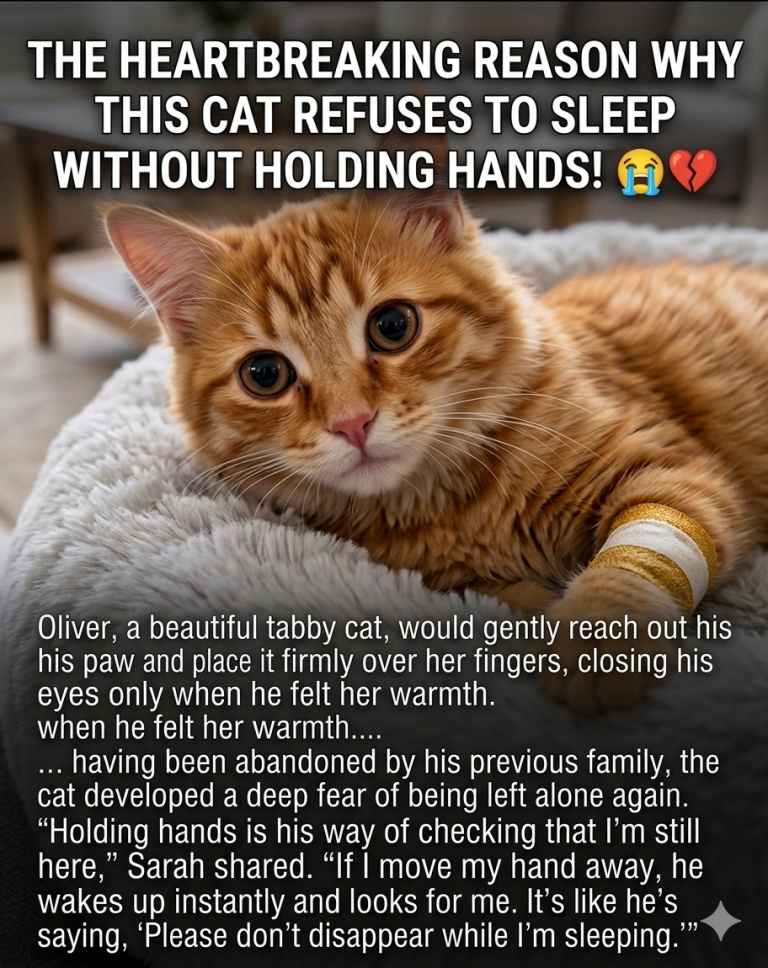 ​🐾 The Heartbreaking Reason This Rescue Cat Refuses to Sleep Without Holding Hands…This broke my heart! 😭💔 Oliver refuses to fall asleep unless he is holding his owner’s hand. When you find out the REAL emotional reason behind his beautiful habit, you won’t be able to hold back your tears! 🐾❤️ Click the link to read his touching story! 👇👇”